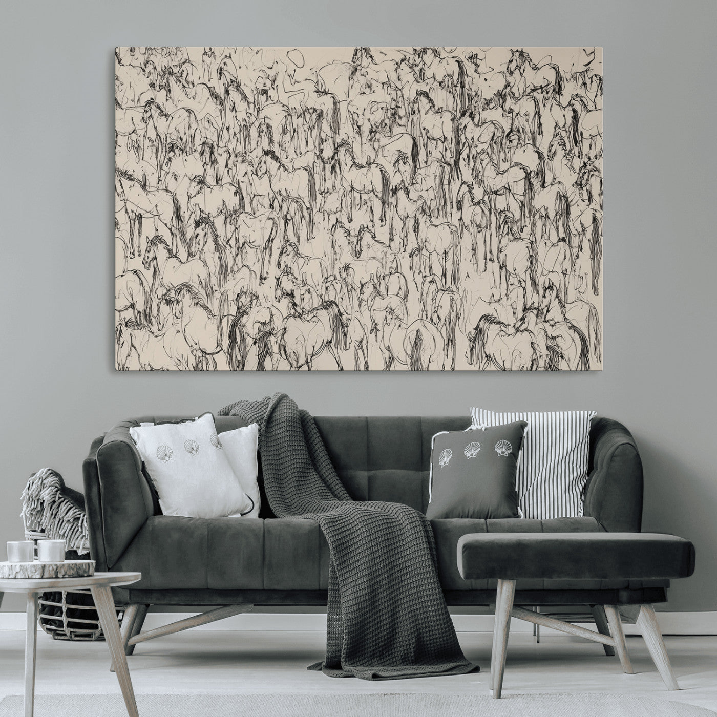 12358908-MGV-CV-36X24-Horse Herd Sketch Wall Art – Abstract Wild Horses Line Drawing Canvas Print, Rustic Western Style Equestrian Decor for Living