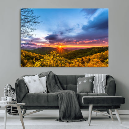25786346-MGV-CV-36X24-Sunset Over Mountains Wall Art – Nature Landscape Canvas Print, Golden Hour Forest Photography, Scenic Sunrise Artwork for Living