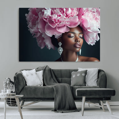 35482880-MGV-CV-36X24-Floral Portrait Wall Art – Elegant Woman with Pink Peony Headpiece Canvas Print, Luxury Fashion Inspired Artwork, Modern Glam