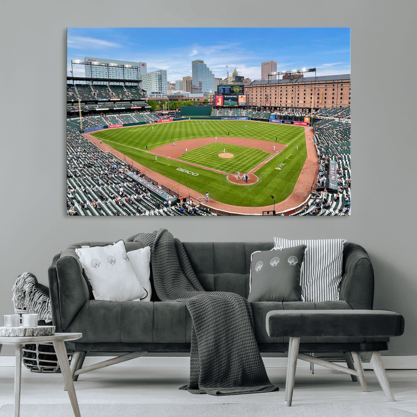 76426407-MGV-CV-36X24-Baseball Stadium Daytime – Panoramic Ballpark Canvas Wall Art, Sports Decor for Office, Man Cave, Game Room, Sports Bar, Baseball