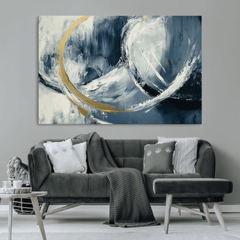 97295757-MGV-CV-36X24-Abstract Blue and Gold Wall Art – Modern Luxury Canvas Print, Navy White Brushstroke Painting, Contemporary Living Room Office