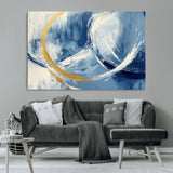 42475677-MGV-CV-36X24-Blue and Gold Abstract Wall Art – Modern Luxury Canvas Print, Navy White Brushstroke Painting, Contemporary Home Office Living