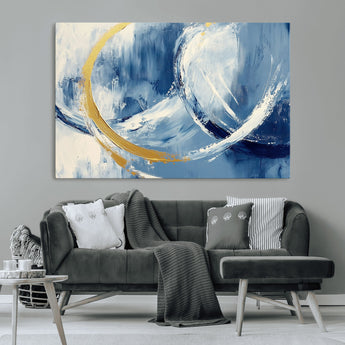42475677-MGV-CV-36X24-Blue and Gold Abstract Wall Art – Modern Luxury Canvas Print, Navy White Brushstroke Painting, Contemporary Home Office Living