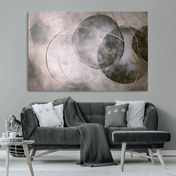 20066876-MGV-CV-36X24-Neutral Abstract Circle Wall Art – Modern Gray Beige Gold Canvas Print, Minimalist Geometric Painting for Bedroom, Living Room,