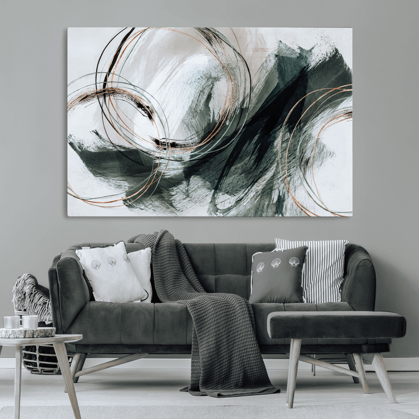 86583265-SEG-FC-90X60_Oversize_Oversize-Black and Gray Abstract Wall Art – Modern Copper Circle Canvas Print, Contemporary Minimalist Painting for Living Room, Bedroom,