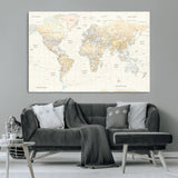 40660043-MGV-CV-36X24-World Map Wall Art – Large Detailed Atlas Style Map Print with Countries, Cities, and Oceans, Neutral Beige and Tan Educational