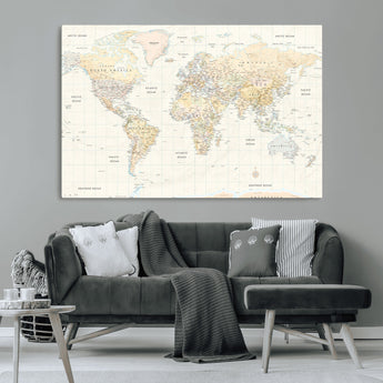 40660043-MGV-CV-36X24-World Map Wall Art – Large Detailed Atlas Style Map Print with Countries, Cities, and Oceans, Neutral Beige and Tan Educational
