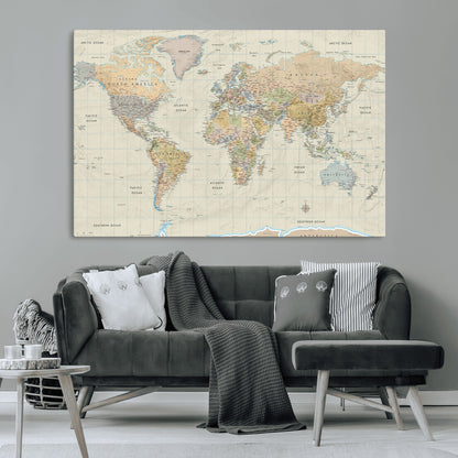 41929777-MGV-CV-36X24-World Map Wall Art – Large Detailed Political Atlas Style Map Print with Countries, Cities, and Oceans, Warm Earth Tone