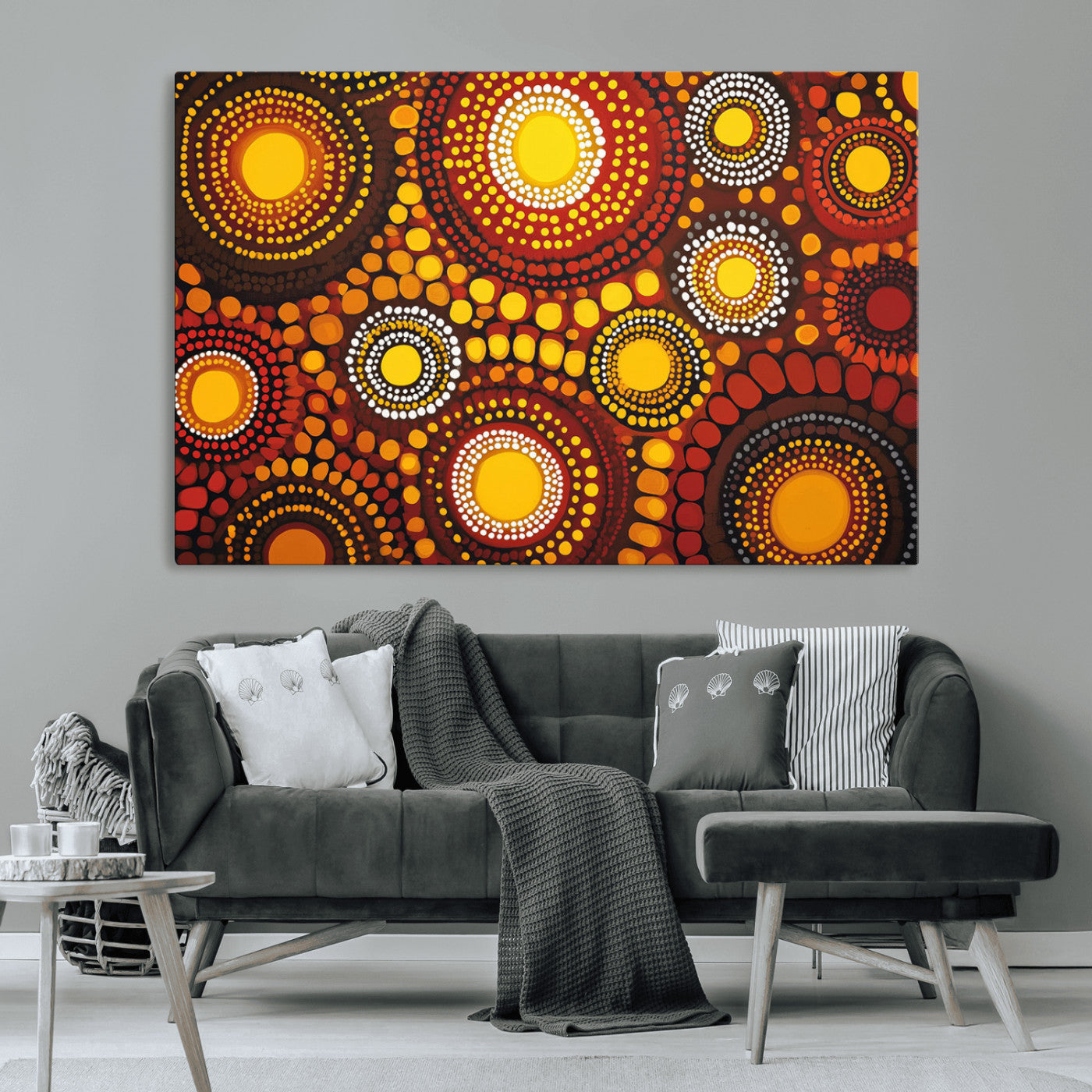 81120549-MGV-CV-36X24-Abstract Dot Painting Wall Art – Vibrant Tribal Boho Style Canvas Print with Sunburst Mandala Circles in Warm Red, Yellow, Orange