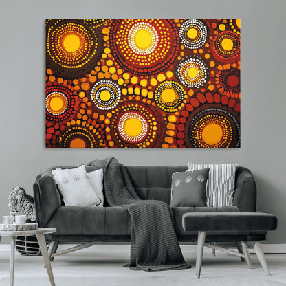 81120549-MGV-CV-36X24-Abstract Dot Painting Wall Art – Vibrant Tribal Boho Style Canvas Print with Sunburst Mandala Circles in Warm Red, Yellow, Orange