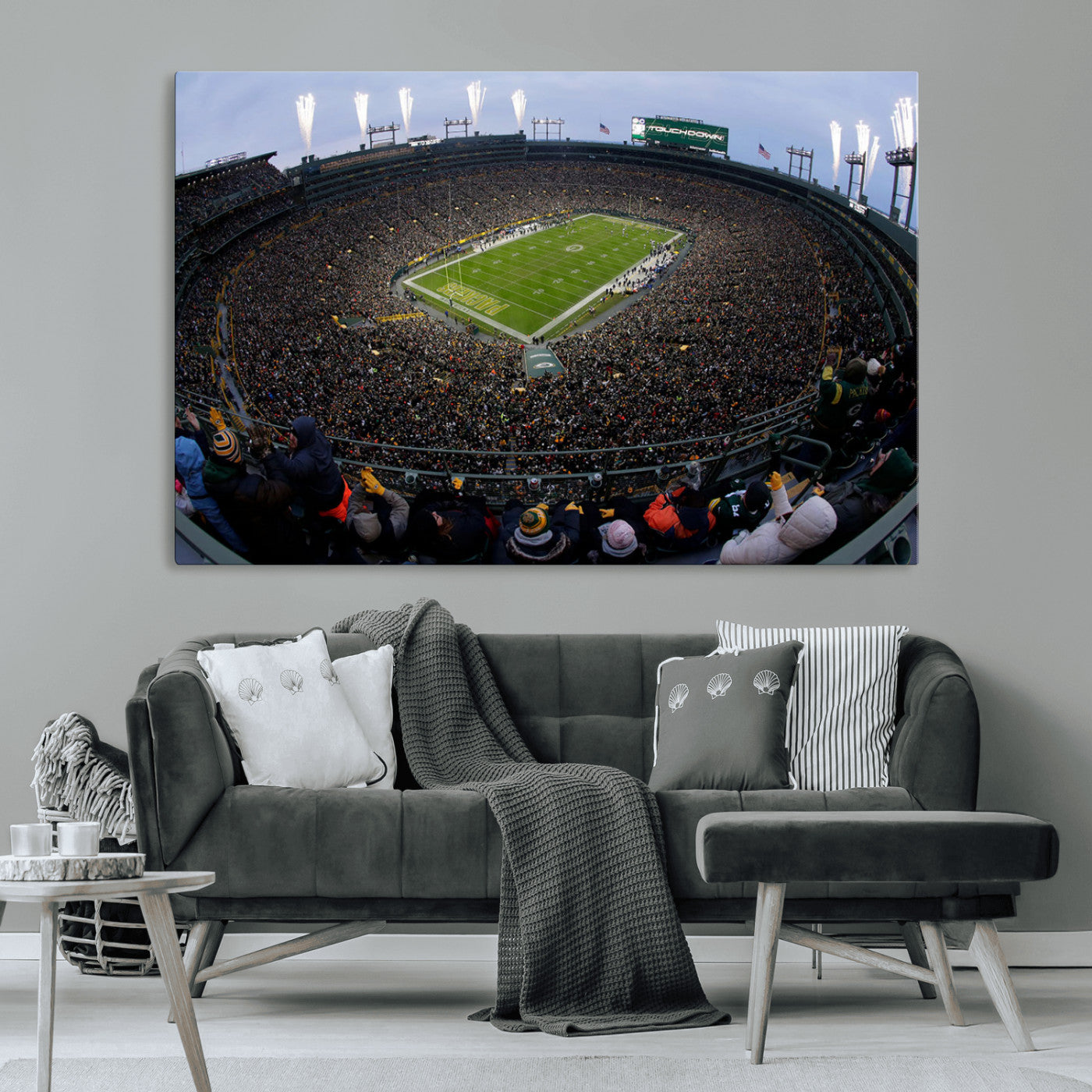 14387817-MGV-CV-36X24-Lambeau Field Stadium Wall Art – Green Bay Packers Game Day Canvas Print with Fireworks and Crowd – NFL Football Fan Man Cave