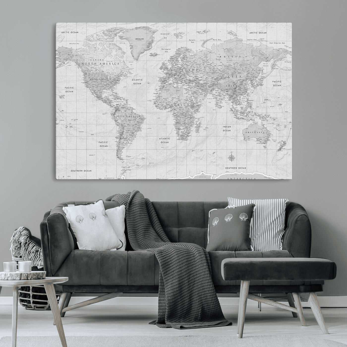 10516725-MGV-CV-36X24-Black and White World Map Wall Art – Minimalist Grayscale Canvas Print – Modern Detailed Travel Map Poster for Home, Office, or