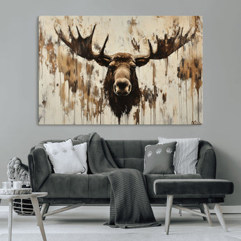 34496536-MGV-CV-36X24-Rustic Moose Wall Art – Modern Abstract Animal Canvas Print – Majestic Moose Head Painting with Neutral Earth Tones for Cabin,