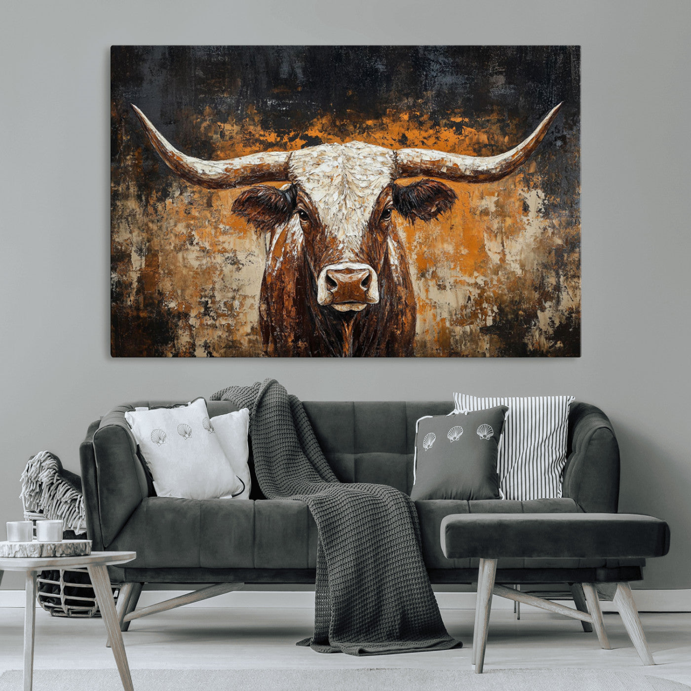 25265572-MGV-CV-36X24-Longhorn Bull Wall Art – Rustic Western Texas Steer Canvas Print, Textured Animal Painting for Home, Office, Man Cave or Farmhouse