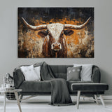 25265572-MGV-CV-36X24-Longhorn Bull Wall Art – Rustic Western Texas Steer Canvas Print, Textured Animal Painting for Home, Office, Man Cave or Farmhouse