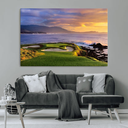 39644075-MGV-CV-36X24-Golf Course Wall Art – Coastal Sunset Canvas Print, Scenic Oceanfront Fairway Landscape Decor for Office, Man Cave, or Living Room