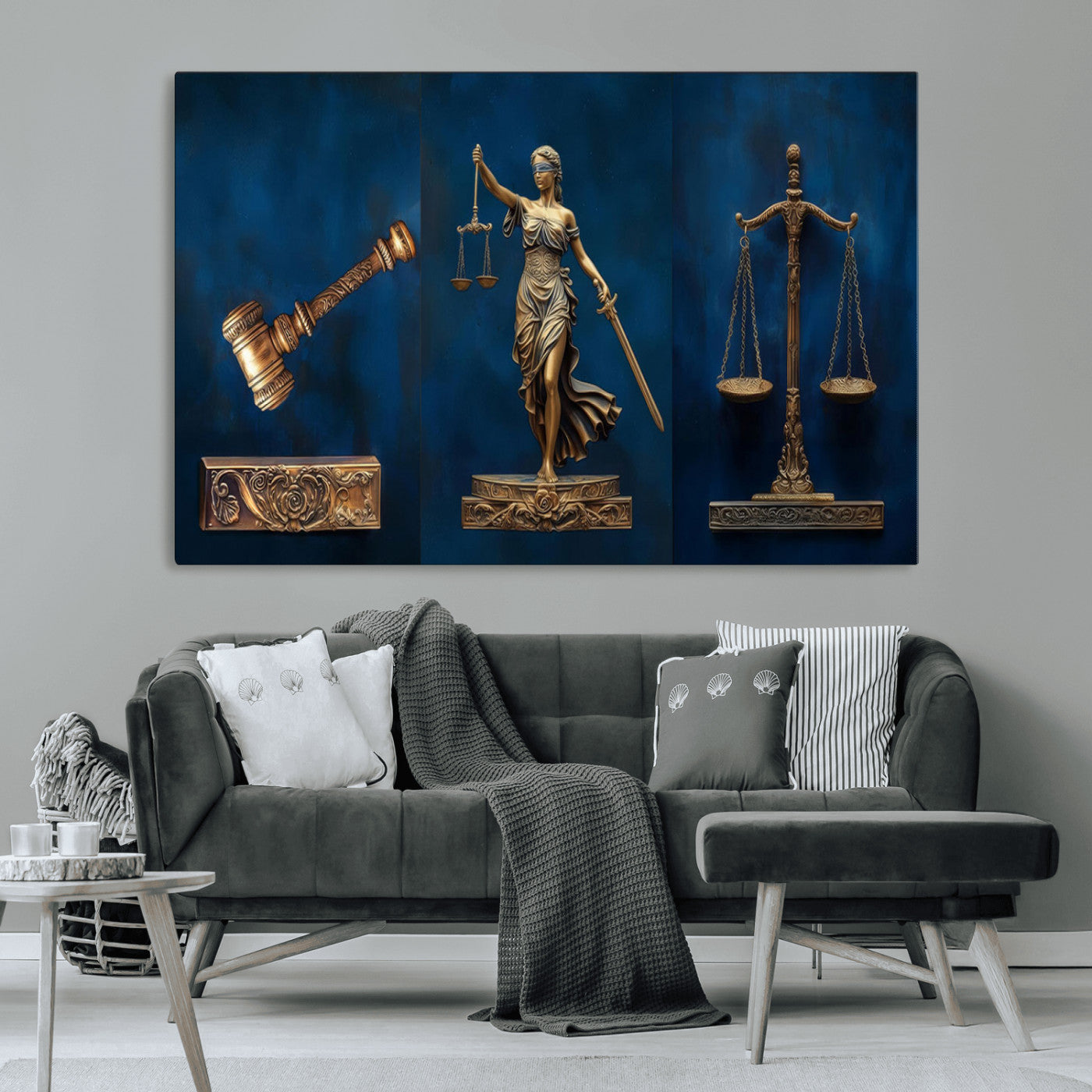91629053-MGV-CV-36X24-Lady Justice Wall Art – Golden Gavel and Scales Canvas Print, Elegant Legal Office Decor for Lawyers, Judges, Courtroom or Study