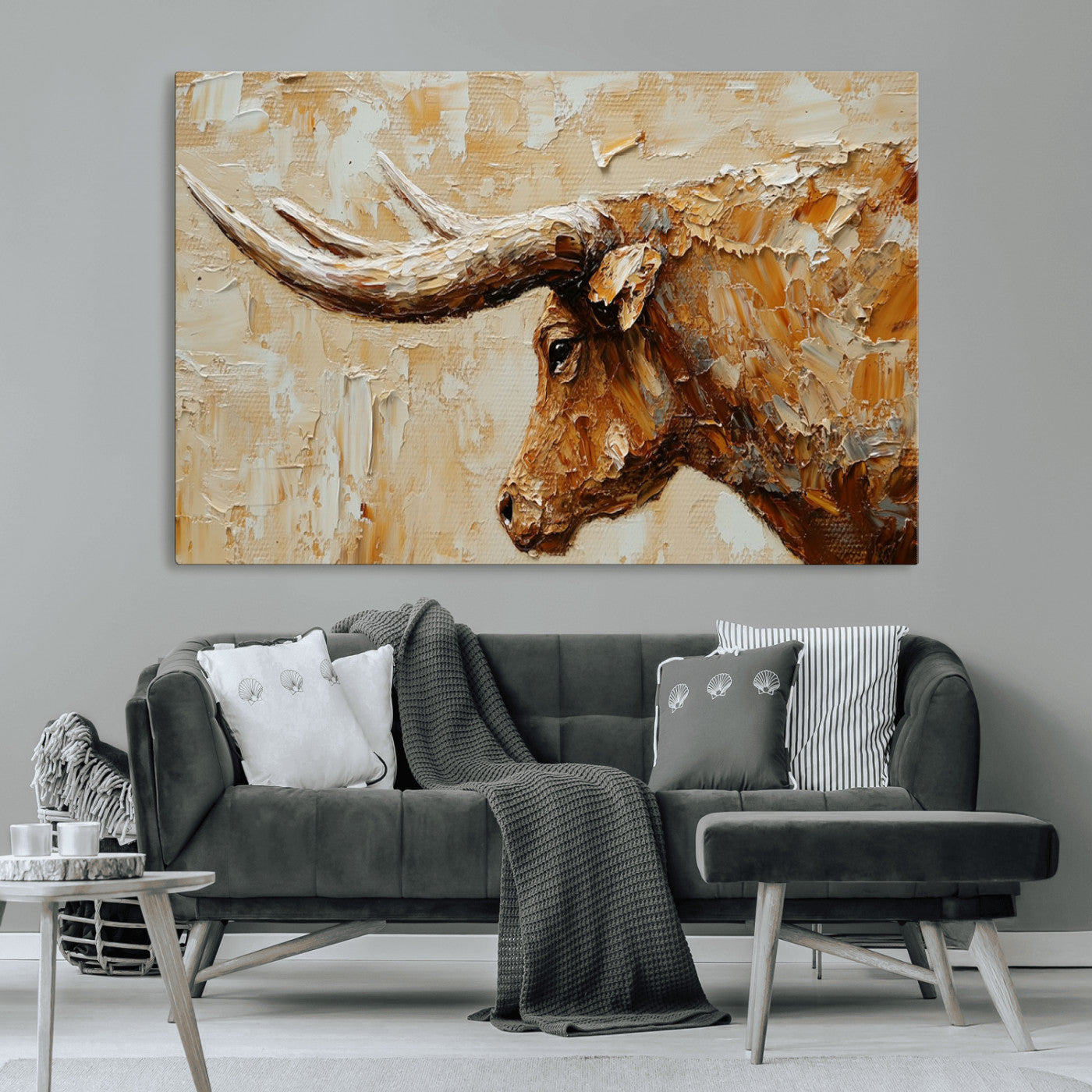 69611428-MGV-CV-36X24-Longhorn Bull Wall Art – Rustic Western Canvas Print, Textured Farmhouse Cattle Painting for Living Room, Office, or Ranch House