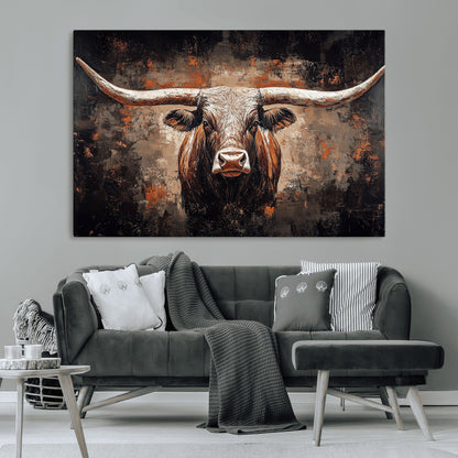 24779067-MGV-CV-36X24-Longhorn Bull Wall Art – Western Rustic Canvas Print, Bold Cowboy Cattle Painting for Ranch House, Farmhouse, Office, or Living