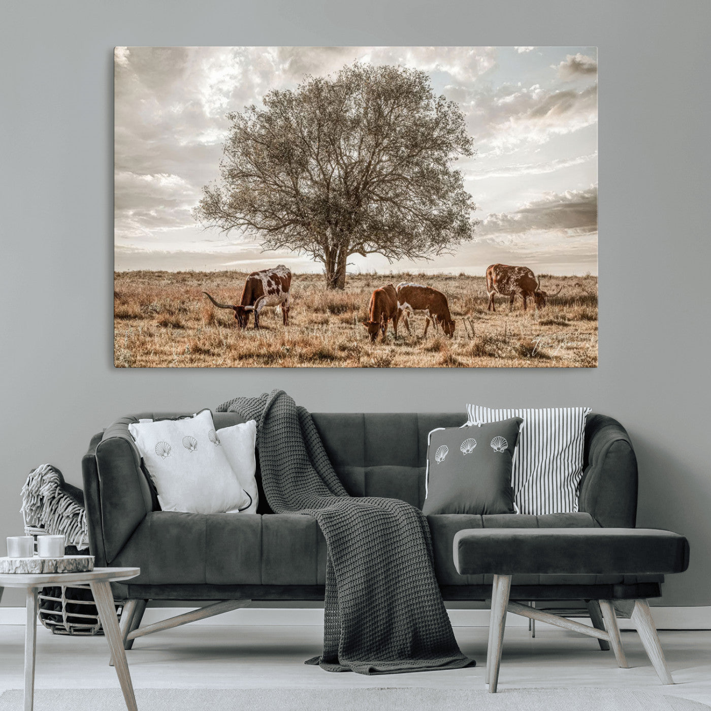 87590224-MGV-CV-36X24-Longhorn Cattle Wall Art – Rustic Western Landscape Canvas Print, Texas Farmhouse Prairie Scene for Living Room, Office, or Ranch