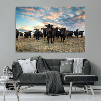 13867292-MGV-CV-36X24-Black Cattle Wall Art – Rustic Ranch Herd Canvas Print, Western Farmhouse Country Landscape Decor for Living Room, Office, or