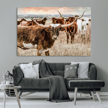 47758300-MGV-CV-36X24-Texas Longhorn Cattle Wall Art – Rustic Western Herd Canvas Print, Cowboy Ranch Farmhouse Decor for Living Room, Office, or
