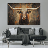 19204445-MGV-CV-36X24-Texas Longhorn Bull Wall Art – Rustic Western Canvas Print, Bold Cowboy Cattle Painting for Ranch House, Farmhouse, Office, or