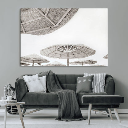 97043123-MGV-CV-36X24-Beach Umbrella Wall Art – Minimalist Coastal Canvas Print, Woven Parasol Summer Decor for Bedroom, Living Room, or Modern Beach