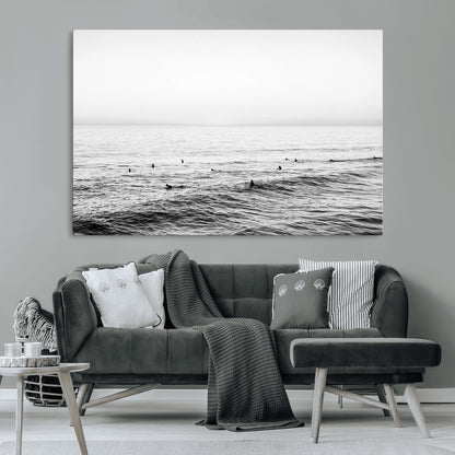 47208268-MGV-CV-36X24-Surfer Ocean Wall Art – Black and White Coastal Canvas Print, Minimalist Surfing Seascape Decor for Living Room, Bedroom, or Beach