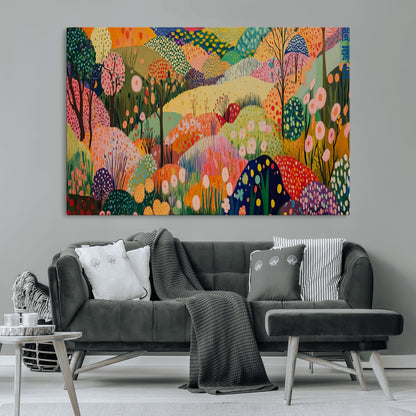 79636380-MGV-CV-36X24-Colorful Abstract Landscape Wall Art – Vibrant Hills and Flowers Canvas Print, Modern Whimsical Artwork for Living Room, Bedroom,