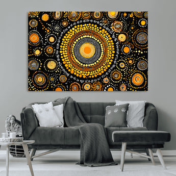 45478523-MGV-CV-36X24-Abstract Circle Wall Art – Bold Black and Gold Dot Painting Canvas Print, Modern Geometric Mandala Style Decor for Living Room or