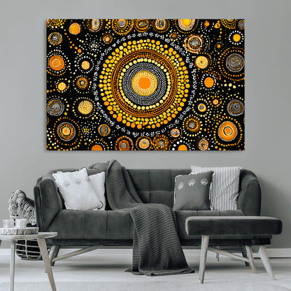 45478523-MGV-CV-36X24-Abstract Circle Wall Art – Bold Black and Gold Dot Painting Canvas Print, Modern Geometric Mandala Style Decor for Living Room or