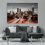 59097239-MGV-CV-36X24-City Skyline Wall Art – Modern Black and White Night Canvas Print with Red Light Trails, Urban Landscape Decor for Living Room or