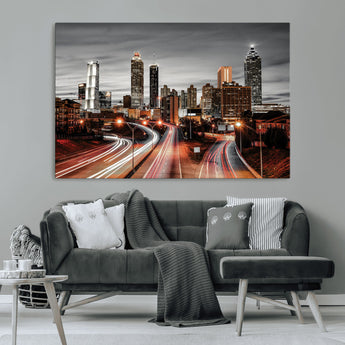 59097239-MGV-CV-36X24-City Skyline Wall Art – Modern Black and White Night Canvas Print with Red Light Trails, Urban Landscape Decor for Living Room or