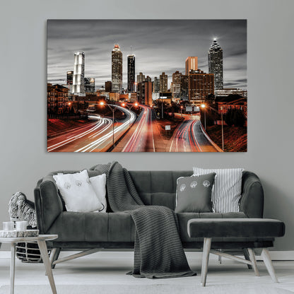 59097239-MGV-CV-36X24-City Skyline Wall Art – Modern Black and White Night Canvas Print with Red Light Trails, Urban Landscape Decor for Living Room or