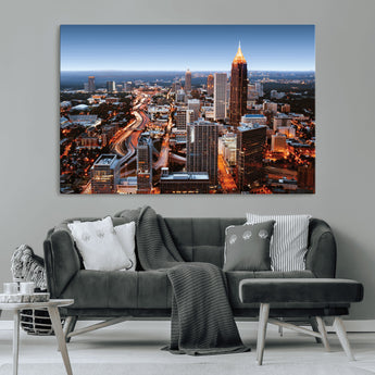 25096967-MGV-CV-36X24-Atlanta Skyline Wall Art – Vibrant Cityscape Canvas Print, Modern Night Lights Urban Decor for Office, Living Room, or Apartment