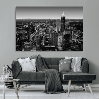 46578567-MGV-CV-36X24-Atlanta Skyline Wall Art – Black and White Cityscape Canvas Print, Modern Urban Night Decor for Office, Living Room, or Apartment