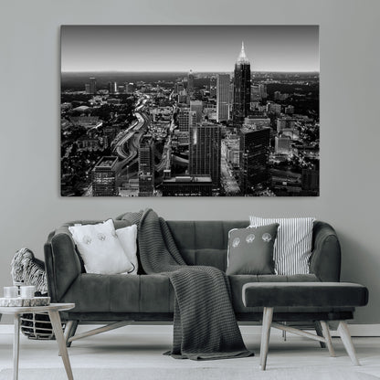 46578567-MGV-CV-36X24-Atlanta Skyline Wall Art – Black and White Cityscape Canvas Print, Modern Urban Night Decor for Office, Living Room, or Apartment
