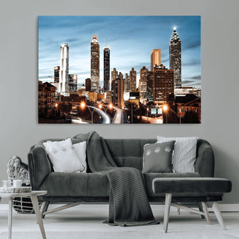 23859158-MGV-CV-36X24-Atlanta Skyline Wall Art – Modern Cityscape Canvas Print with Night Lights and Traffic Trails, Urban Decor for Office, Apartment,