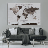 43749658-MGV-CV-36X24-Welcome to Great Adventure World Map Wall Art – Charcoal Gray Canvas Print, Rustic Travel Decor for Living Room, Study, Office or