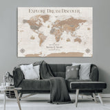 63516865-MGV-CV-36X24-Explore Dream Discover World Map Wall Art – Inspirational Travel Adventure Canvas Print, Neutral Parchment Style Explorer Decor