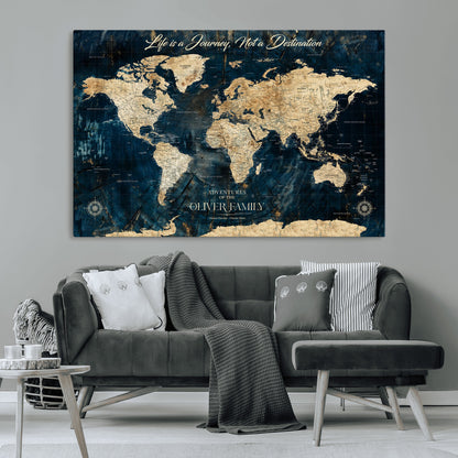 36970886-MGV-CV-36X24-Life is a Journey Not a Destination World Map Rustic Navy Beige Vintage Travel Wall Art Adventure Quote Canvas Print for Home