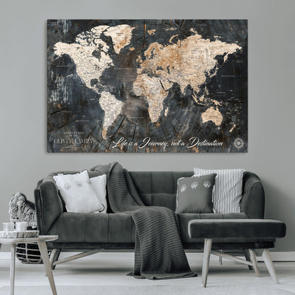 37848568-MGV-CV-36X24-Life is a Journey Not a Destination World Map Rustic Wood Texture Vintage Beige Navy Adventure Wall Art Canvas Print for Home