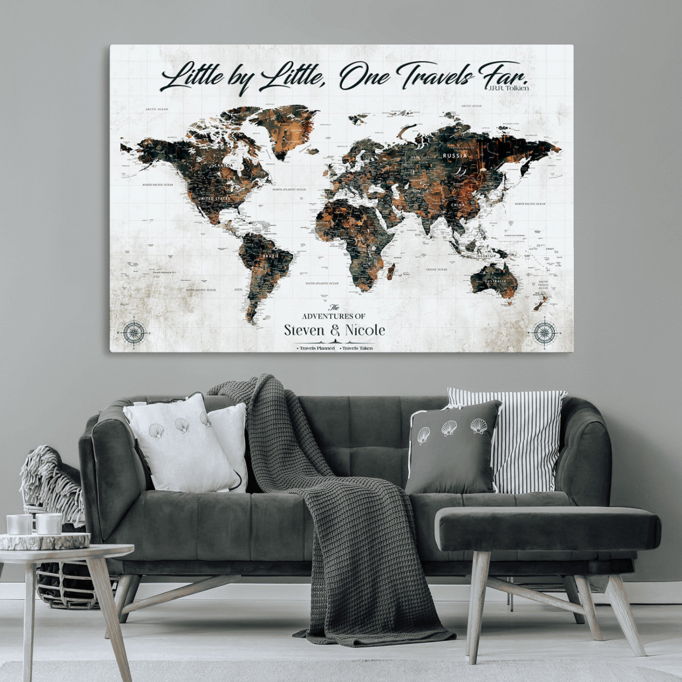 88337180-MGV-CV-36X24-Little by Little One Travels Far Tolkien Quote World Map Rustic Black Brown Adventure Wall Art Canvas Print for Home Office Living