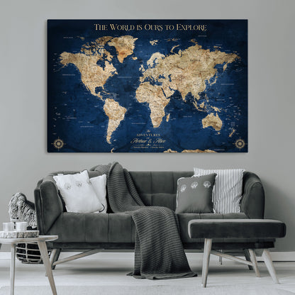 54782997-MGV-CV-36X24-The World is Ours to Explore Wall Art – Blue World Map Canvas Print, Adventure Travel Decor for Home, Office or Living Room,