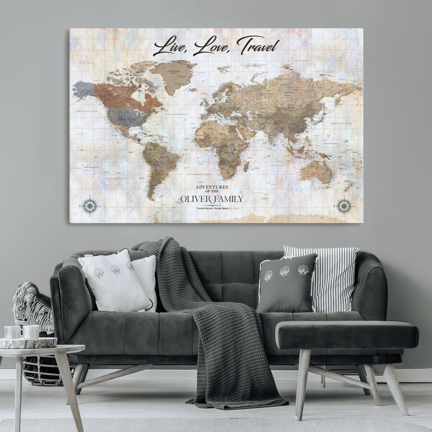43924907-MGV-CV-36X24-Live Love Travel Wall Art – Neutral World Map Canvas Print, Rustic Adventure Decor for Home, Office or Living Room, Unique Gift