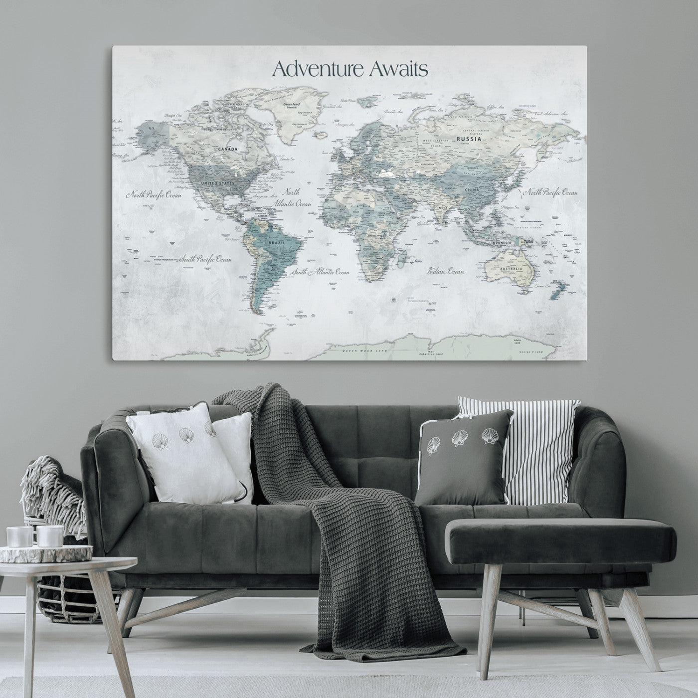 TEST111-MGV-CV-36X24-Personalized Adventure Awaits Push Pin World Map – Custom Framed Travel Tracker Canvas Wall Art for Home, Office