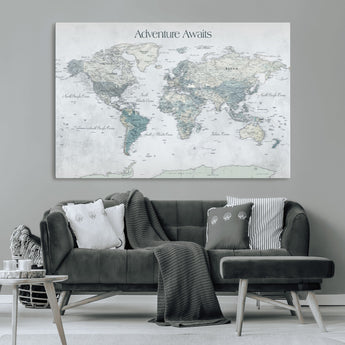 TEST111-MGV-CV-36X24-Personalized Adventure Awaits Push Pin World Map – Custom Framed Travel Tracker Canvas Wall Art for Home, Office