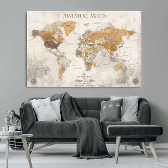 99422096-MGV-CV-36X24-Adventure Awaits World Map Wall Art – Neutral Beige Canvas Print, Modern Travel Inspired Wall Decor for Living Room, Bedroom or