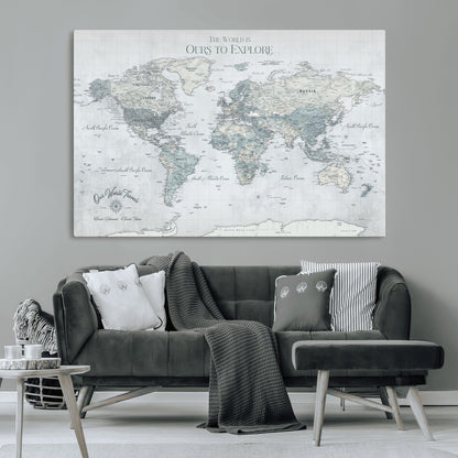 94249974-MGV-CV-36X24-Ours Explore World Map Wall Art – Modern Travel Canvas Print, Neutral Adventure Decor for Living Room, Office, Study, Bedroom,